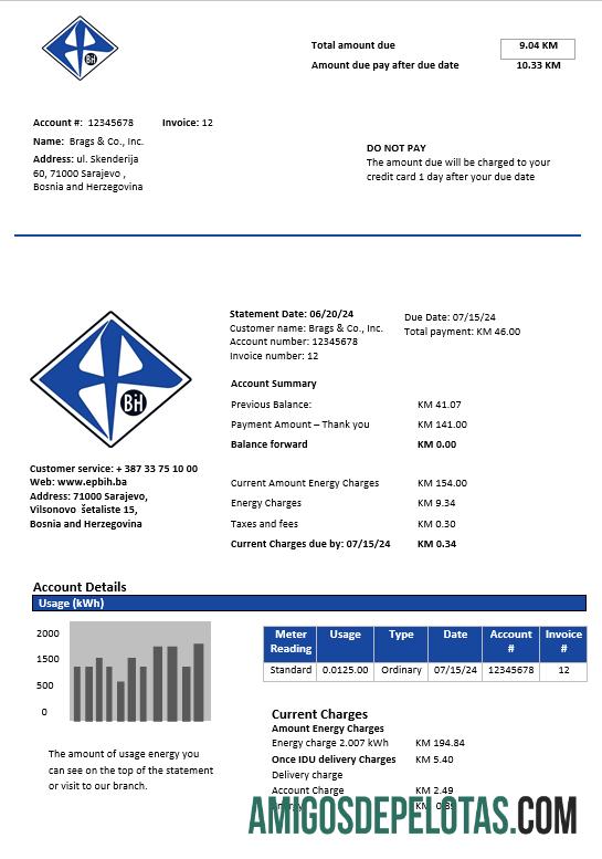 Em branco modelo de conta de serviços públicos de eletricidade da Bósnia e Herzegovina Elektroprivreda BiH em Word e PDF